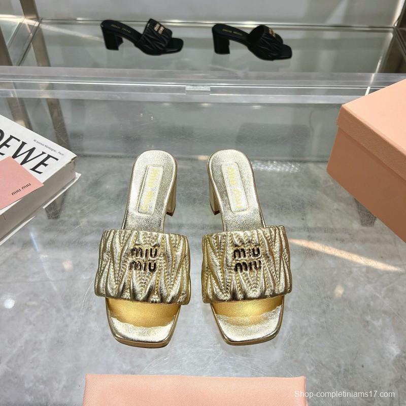2025 Women Miumiu Gold Leather Sandals