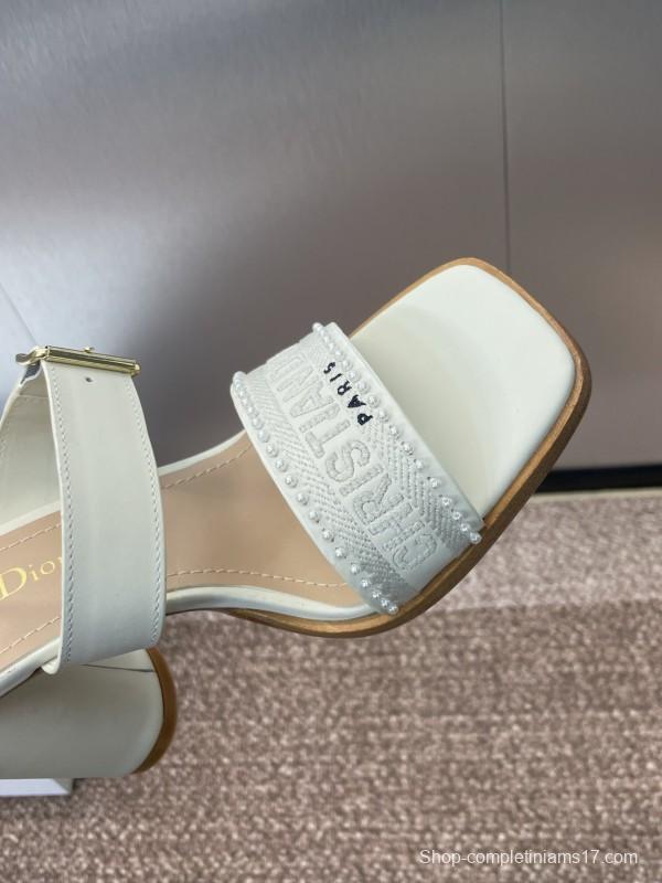 2025 Women Dior White Calfskin Leather Embroidered Sandals KFY00320