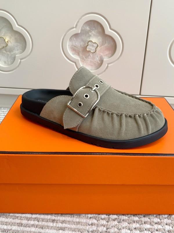 2025 Women Hermès Grey Suede Mule Shoe KFY00290