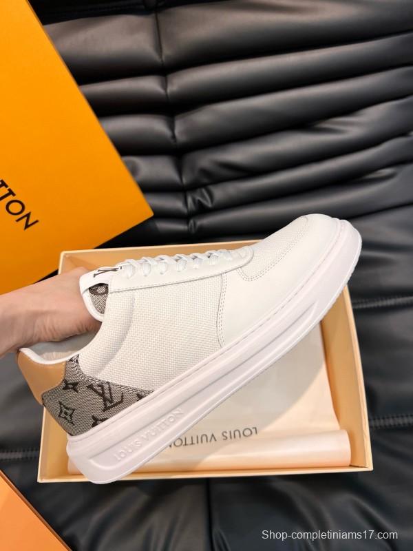 2024 Unisex Louis Vuitton White Brown Mesh Leather Sneakers MJ00400
