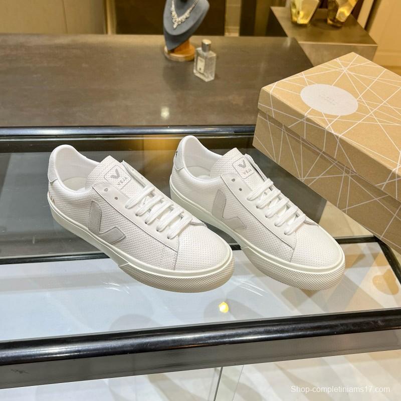 2025 Unisex VEJA White Grey Leather Canvas Rubber Sole Sneakers