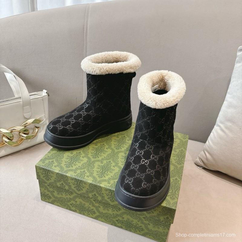 2024 Women Gucci Black Suede Wool Snow Boots MJ00350