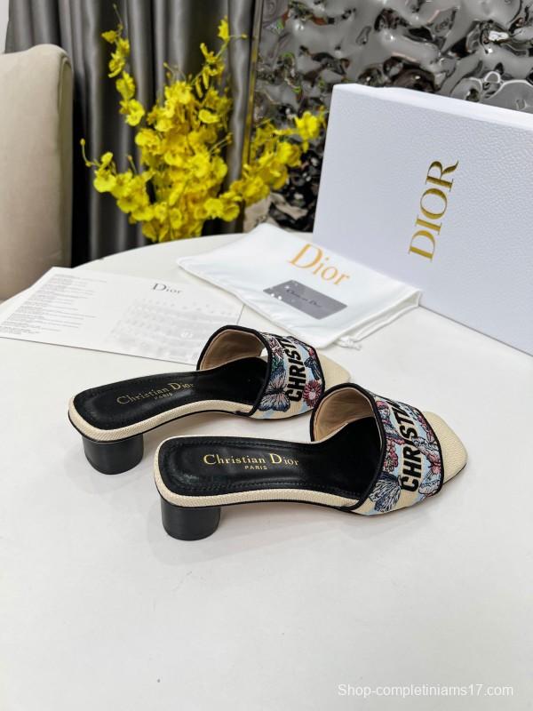 2025 Women Dior Black Beige Embroidery Mid Heel Slippers