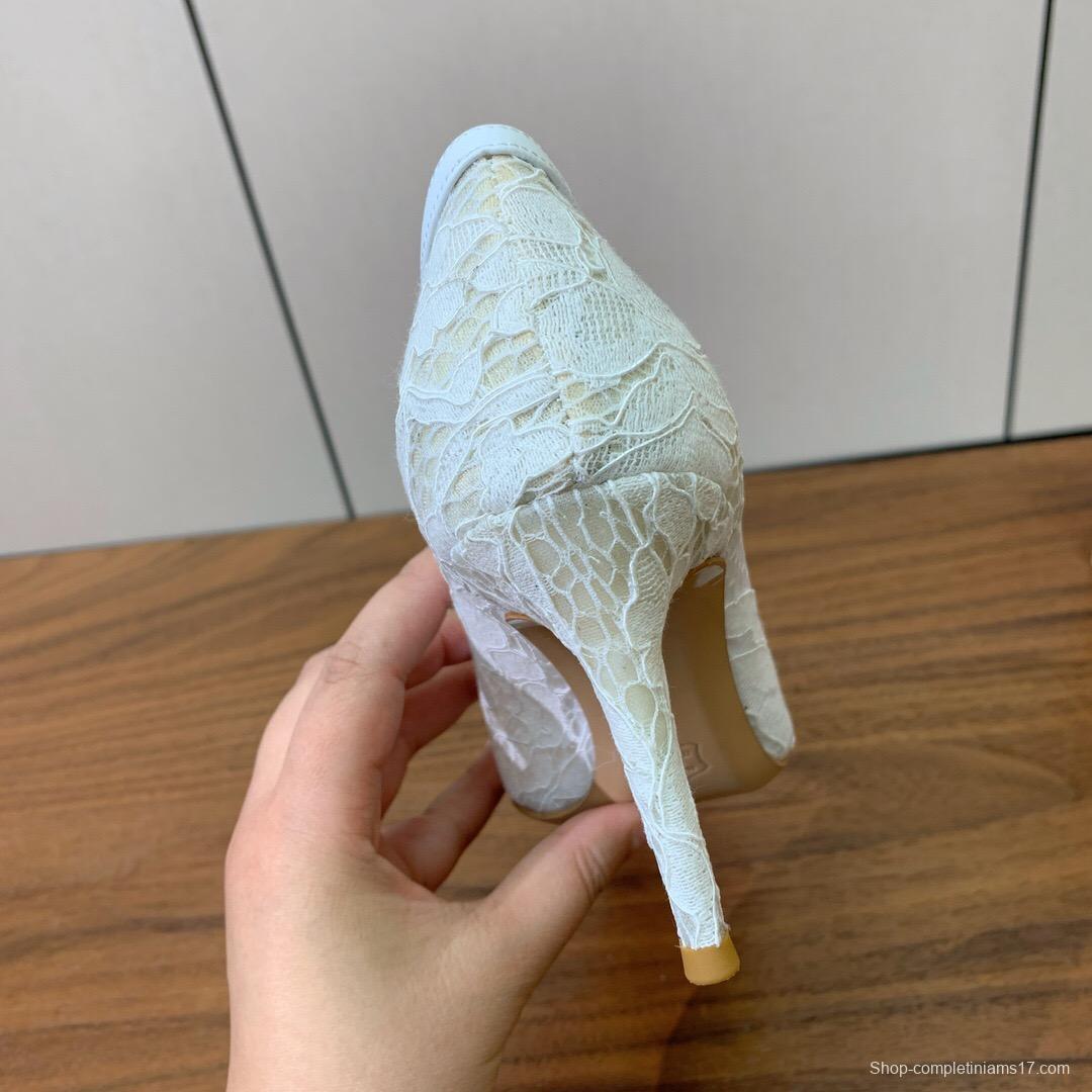 2025 Women Gianvito Rossi White Lace Leather Pumps KFY00280