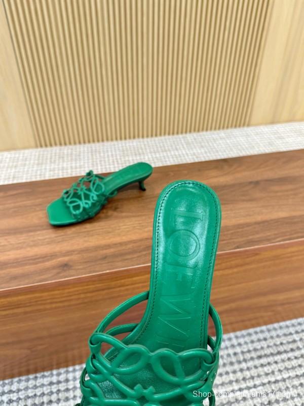 2025 Women Loewe Green Leather Heeled Sandals LY00250