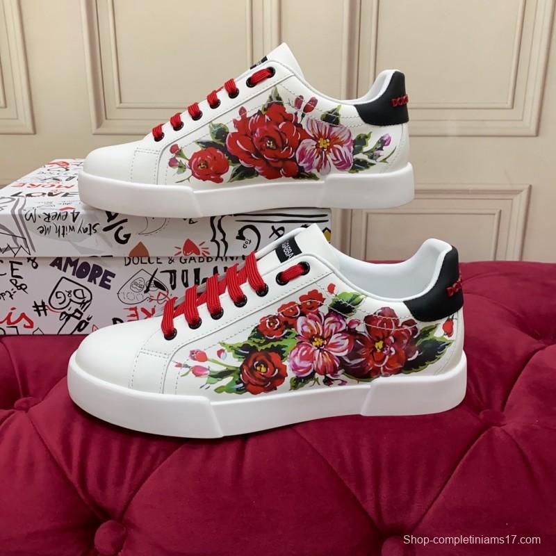 2025 Women Dolce & Gabbana White Red Leather Sneakers Floral LY00300