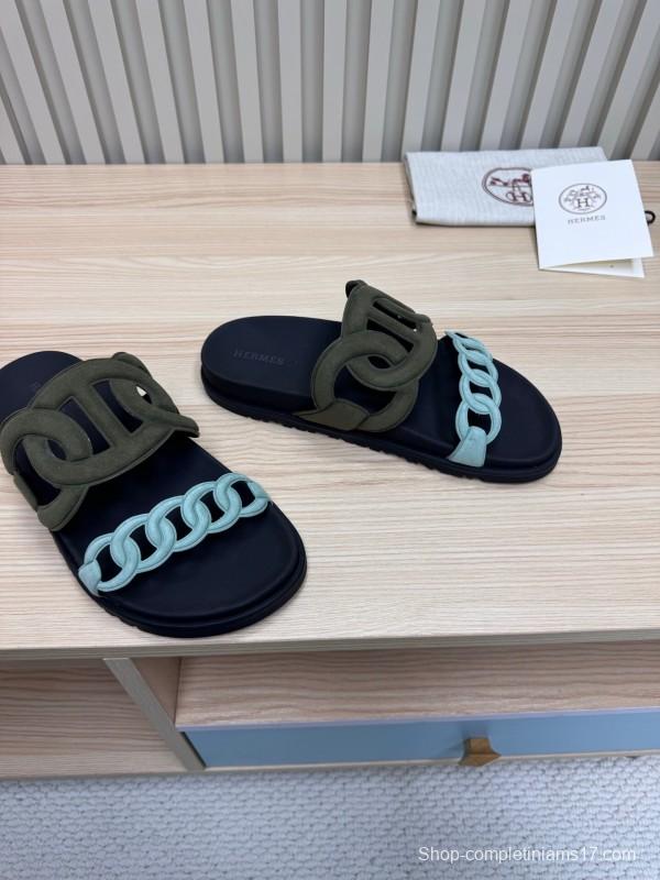 2025 Women Hermès Black Light Blue Leather Slippers