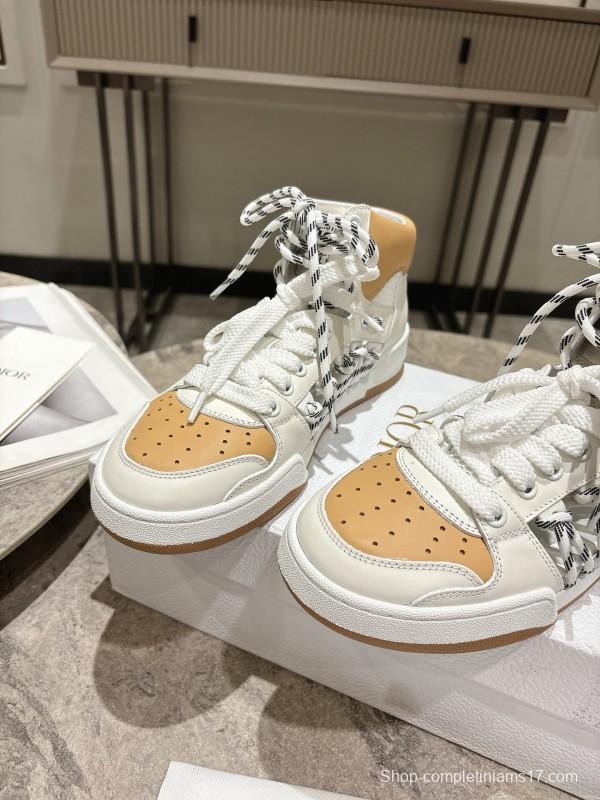 2025 Women Dior White Beige Leather Mesh High Top Sneakers