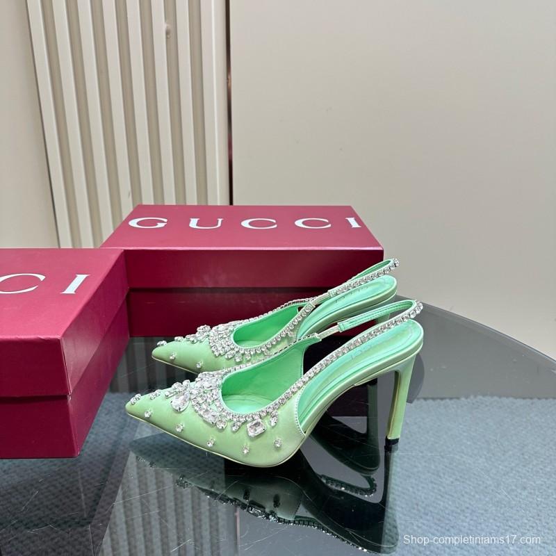 2025 Women Gucci Green Satin Slingback High Heel Crystal Embellished KFY00340