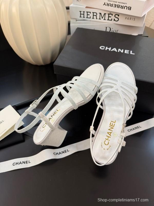 2025 Women Chanel White Leather Sandals