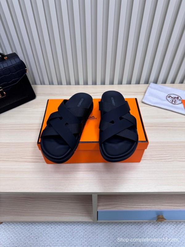 2025 Slippers Unisex Hermès Black Leather Slippers
