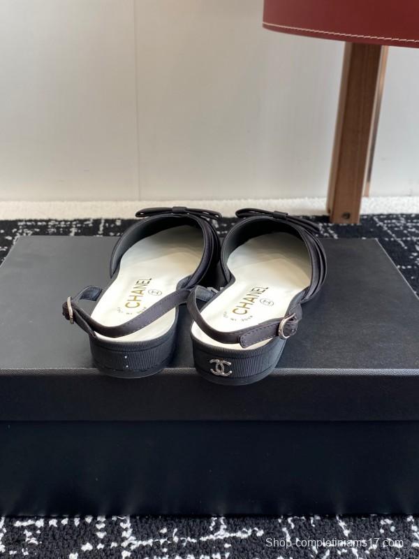 2025 Women Chanel Black Satin Silk Leather Sandals Bow KFY00289