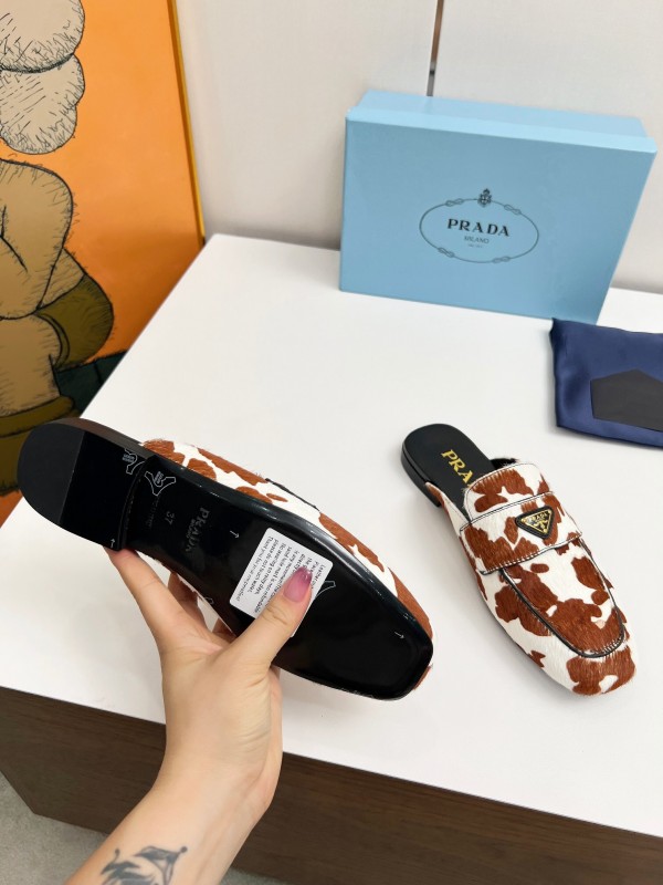 2025 Women Prada Brown White Calf Hair Leather Slippers LY00260