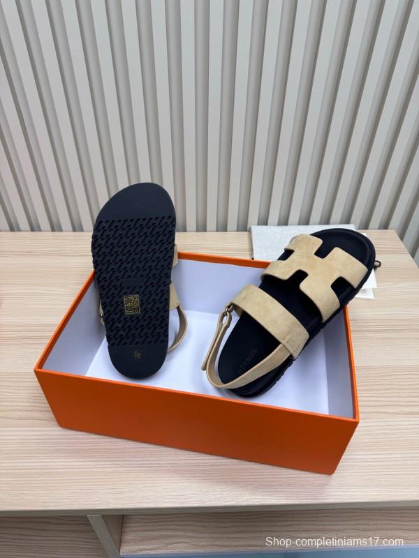2025 Slippers Hermès Beige Black Suede Leather Sandals