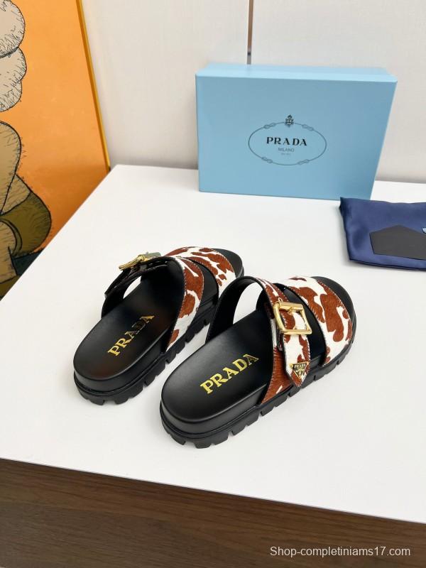 2025 Slippers Prada Brown White Leather Cow Print LY00260