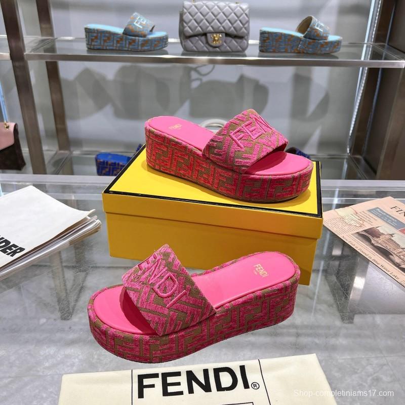 2025 Women Fendi Pink Canvas Slippers FF Jacquard KFY00240