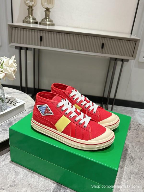 2025 Unisex Bottega Veneta Red Yellow Canvas Leather Sneakers Hand Painted KFY00260(F/M)