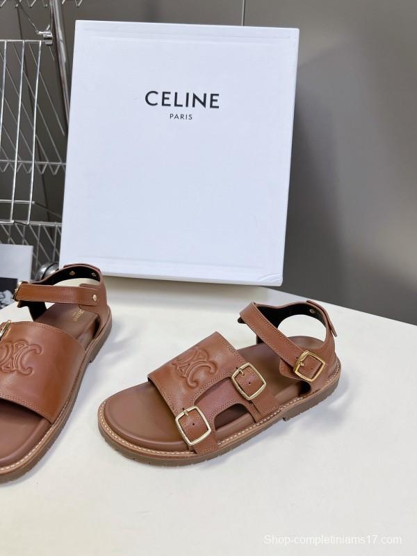 2025 Women Celine Light Brown Leather Sandals KFY00280