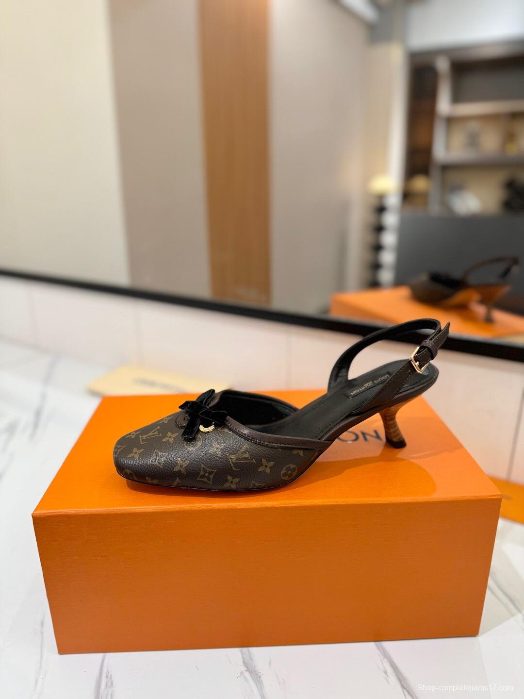 2025 Women Louis Vuitton Brown Monogram Leather Slingback Sandals KFY00310