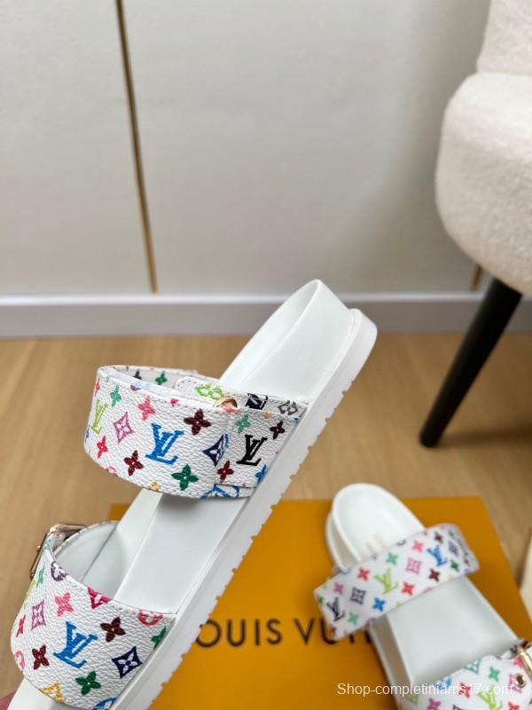 2025 Women Louis Vuitton White Multicolor Canvas Slippers KFY00280