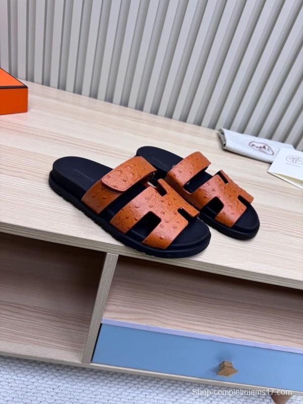 2025 Women Hermès Brown Black Leather Slippers