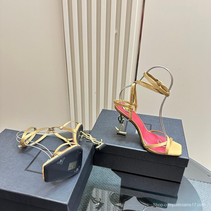 2025 Women Yves Saint Laurent Yellow Silk Strappy Heels