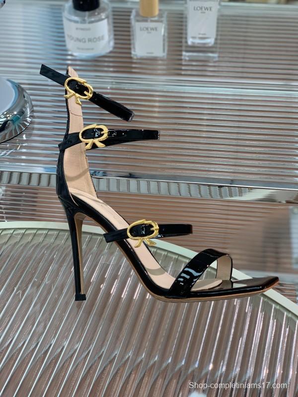 2025 Women Gianvito Rossi Black Patent Leather Strappy High Heel Sandals
