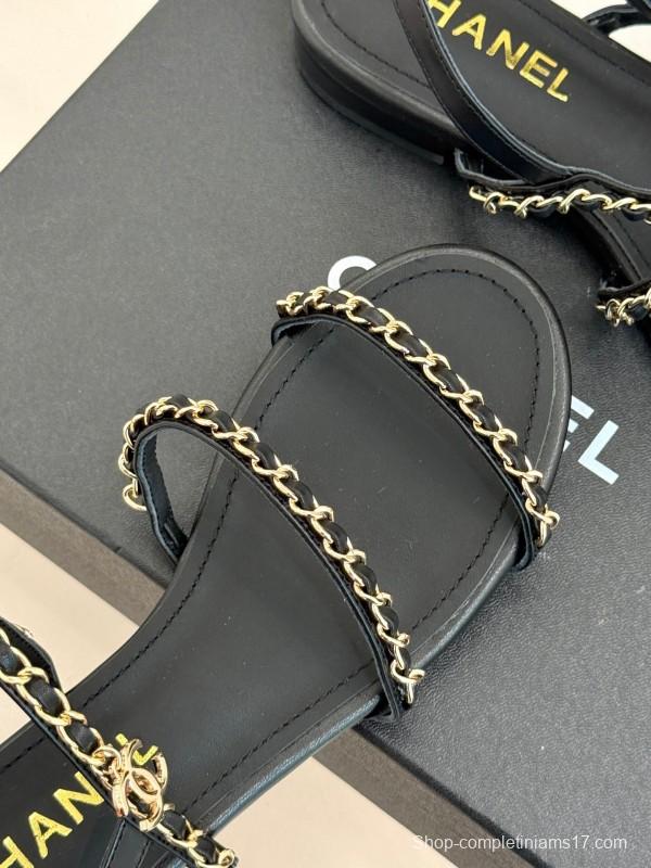 2025 Women Chanel Black Leather Slingback Sandals Chain KFY00270