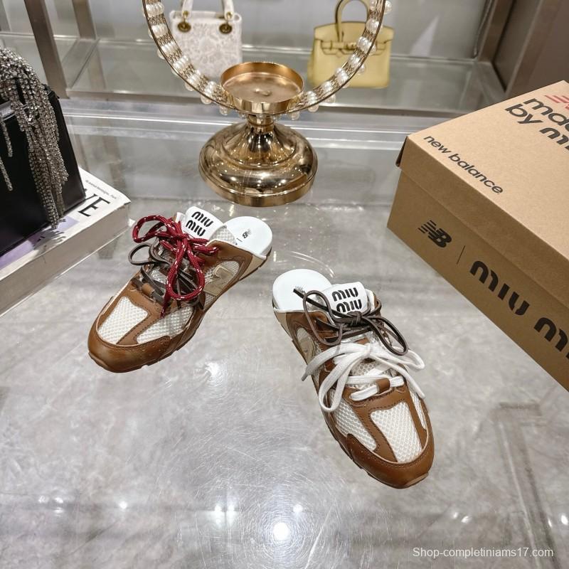 2025 Women Miumiu Brown White Leather Mesh Sneakers
