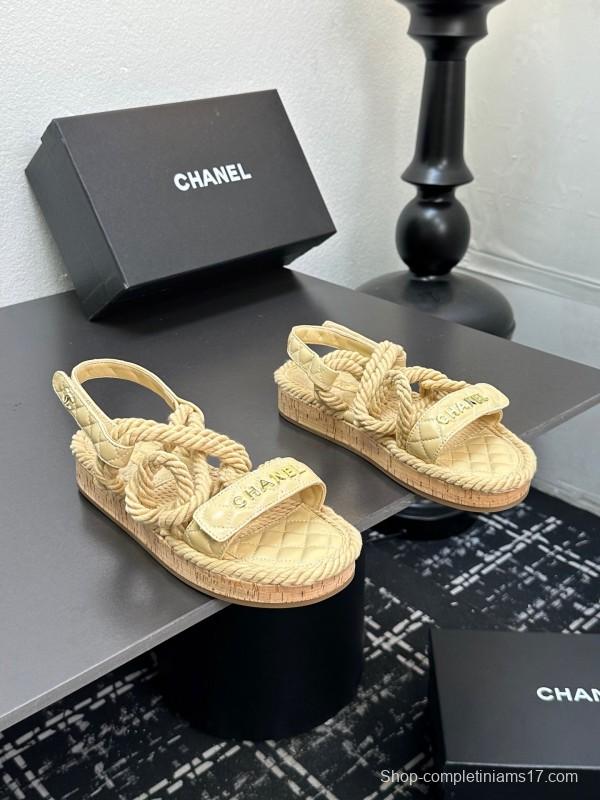 2025 Women Chanel Beige Rope Leather Slingback Sandals