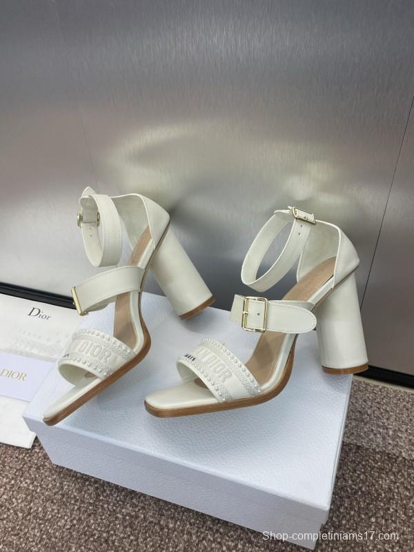 2025 Women Dior White Calfskin Leather Embroidered Sandals KFY00320