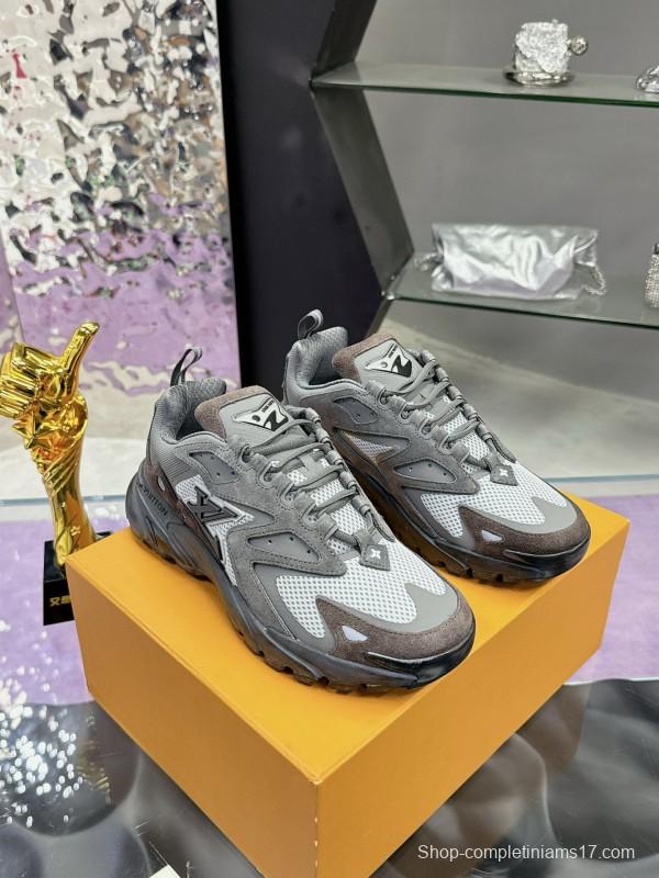 2025 Men Louis Vuitton Grey White Mesh Leather Sneakers MJ00420