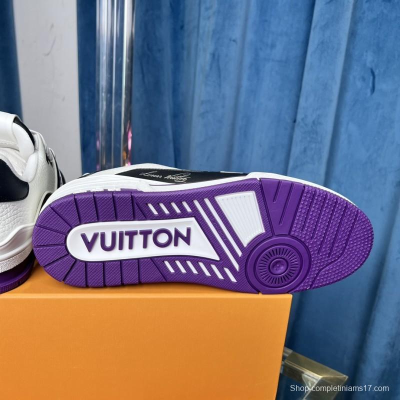 2025 Unisex Louis Vuitton White Black Purple Leather LV Trainer