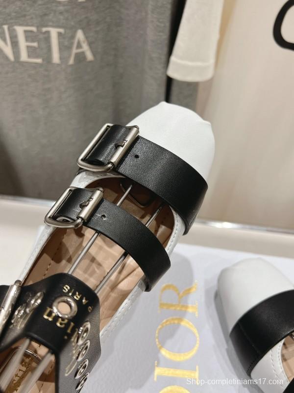 2025 Women Dior White Black Leather Mary Jane Buckle Ballerina KFY00320