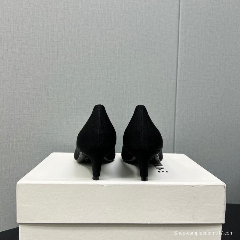2025 Women Celine Black Fabric Pointed Toe Metal Buckle Pumps
