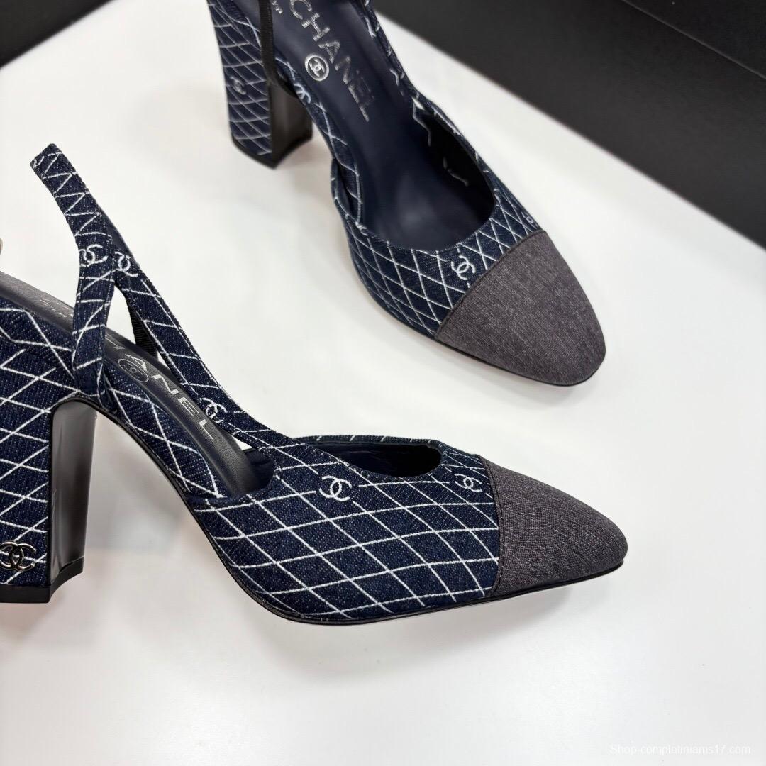 2025 Women Chanel Blue Denim Fabric Slingback Shoes