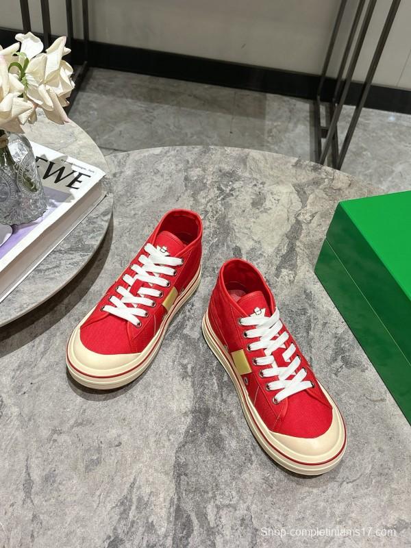 2025 Unisex Bottega Veneta Red Yellow Canvas Leather Sneakers Hand Painted KFY00260(F/M)