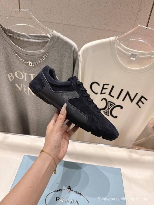 2025 Unisex Prada Navy Blue Suede Casual Shoes KFY00300