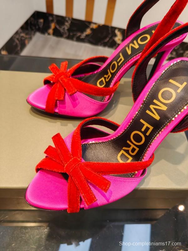 2025 Women TOM FORD Pink Red Velvet Silk High Heel Open Back Sandals
