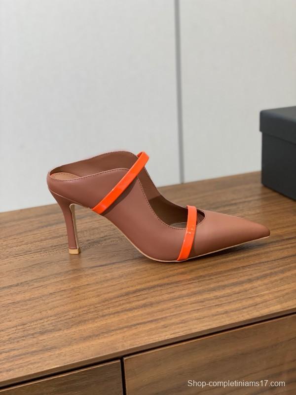2025 Women Malone Souliers Brown Orange Leather Patent Leather Mid Heel Pumps