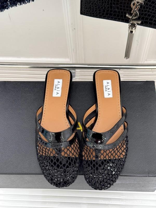 2025 Women AlAIA Black Leather Mesh Flat Mule KFY00260