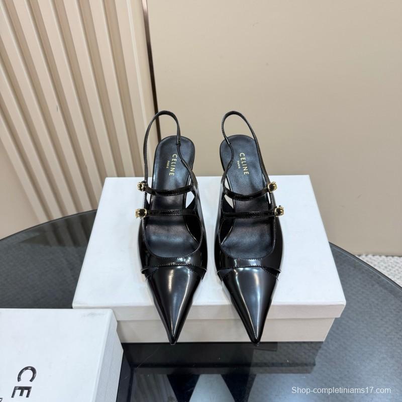 2025 Women CELINE Black Patent Leather Pointed Toe Slingback Heels