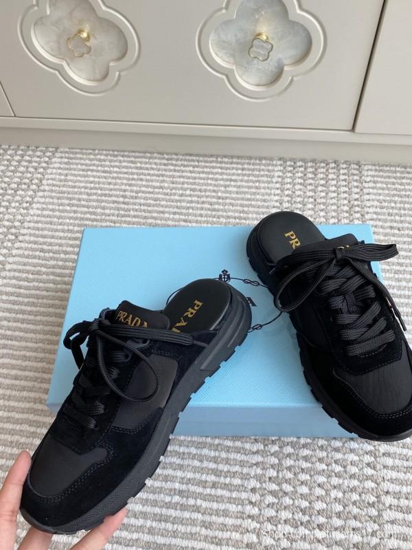 2025 Women Prada Black Nylon Leather Sneakers LY00290