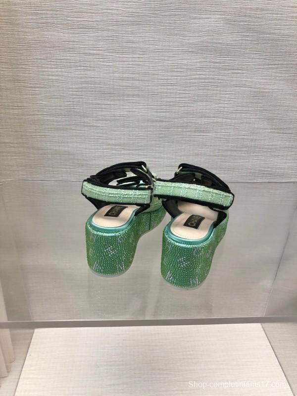 2025 Slippers Chanel Mint Green Textile Platform Sandals LY00330
