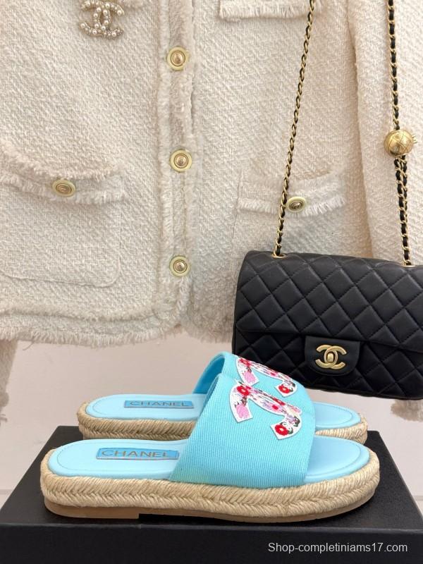 2025 Slippers Chanel Light Blue Fabric Women Embroidered Floral CC Logo KFY00230