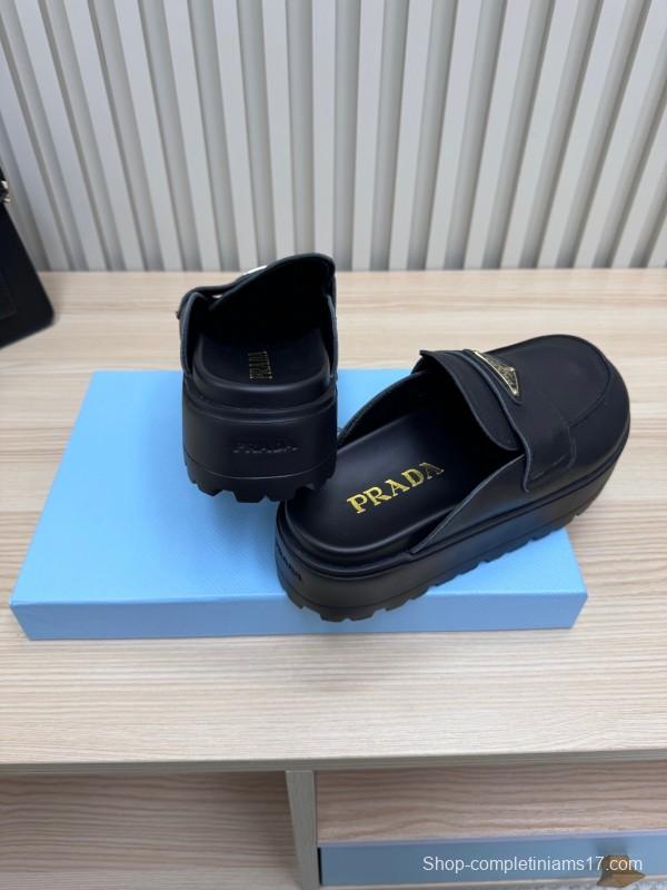 2025 Women Prada Black Leather Platform Loafers