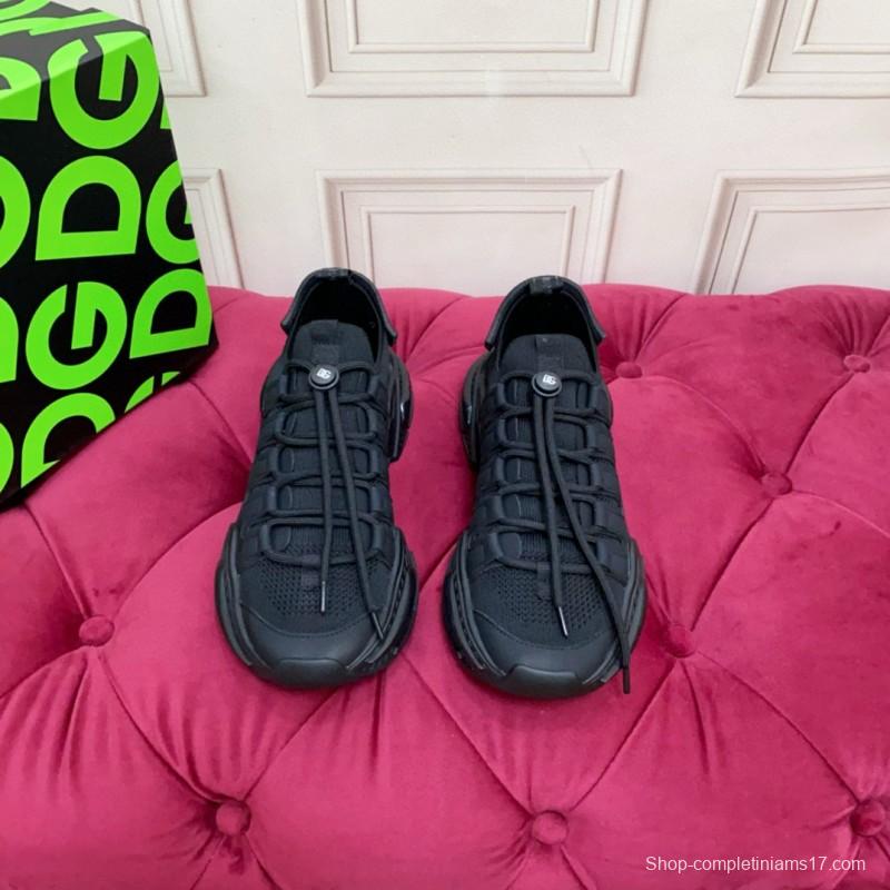 2024 Unisex Dolce & Gabbana Black Knit Leather Sneakers