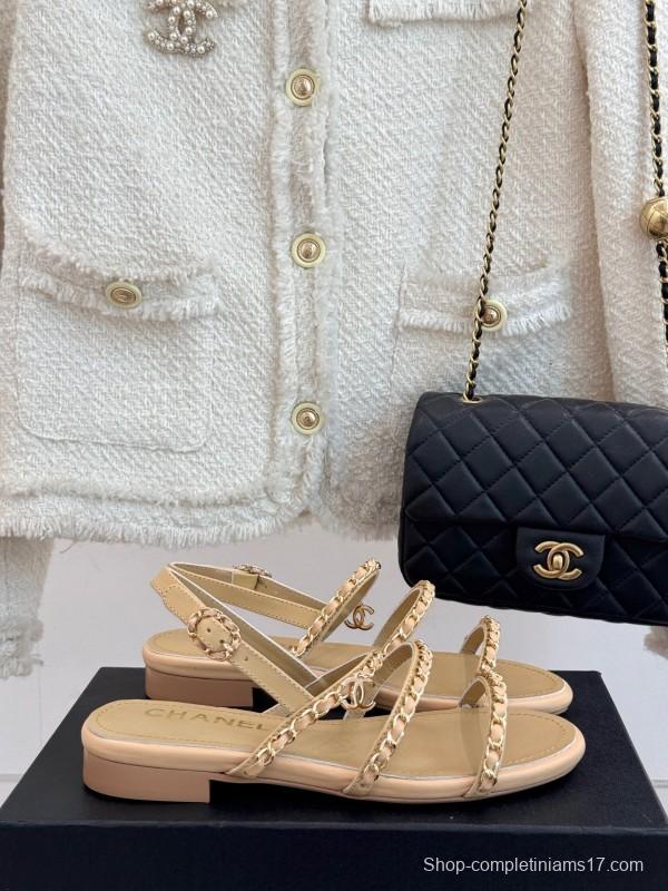 2025 Women Chanel Beige Leather Sandals KFY00270