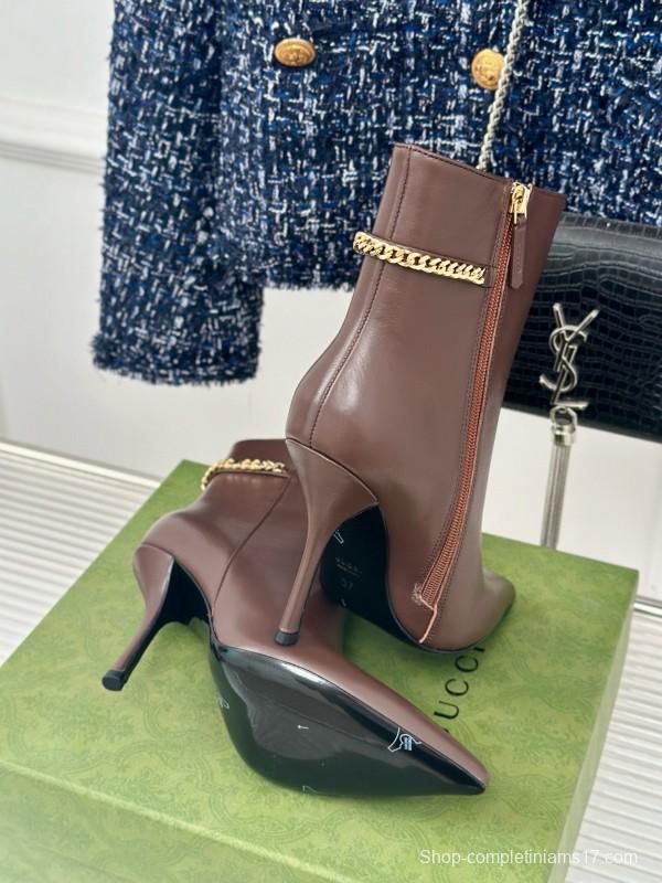 2024 Women Gucci brown calf leather ankle boots chain MJ00410