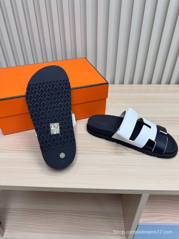 2025 Slippers Hermès White Black Leather Slippers